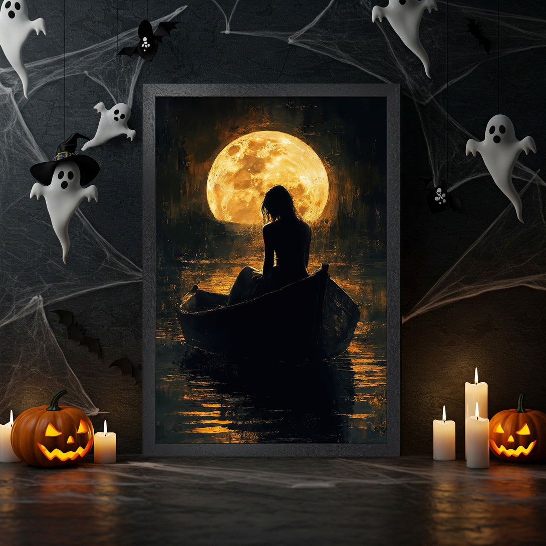 Framed Poster of a woman in a boat under a full moon, dark and moody art style, with a warm, golden color palette. Perfect Halloween decor!