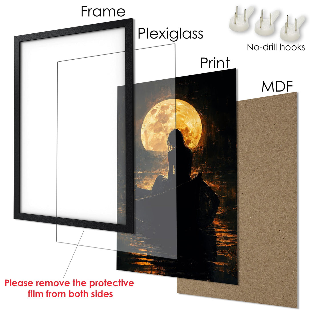 Framed Poster featuring a person on a boat under a full moon, artistic style, warm orange and black color palette.