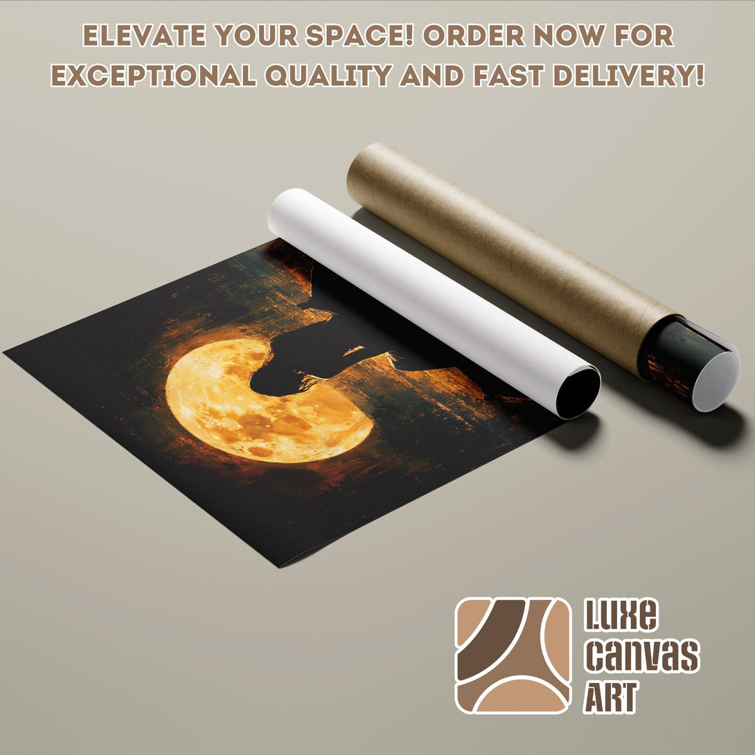 Poster Roll featuring a silhouette against a moon, warm color palette. Elevate your space with Luxe Canvas Art!
