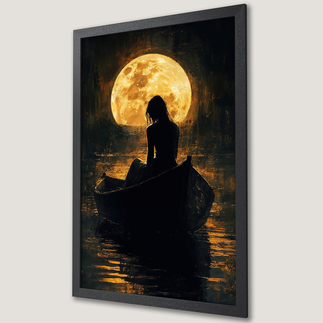 Framed Poster of woman in boat under moon, impressionistic style, warm golden and black color palette. Perfect wall art!