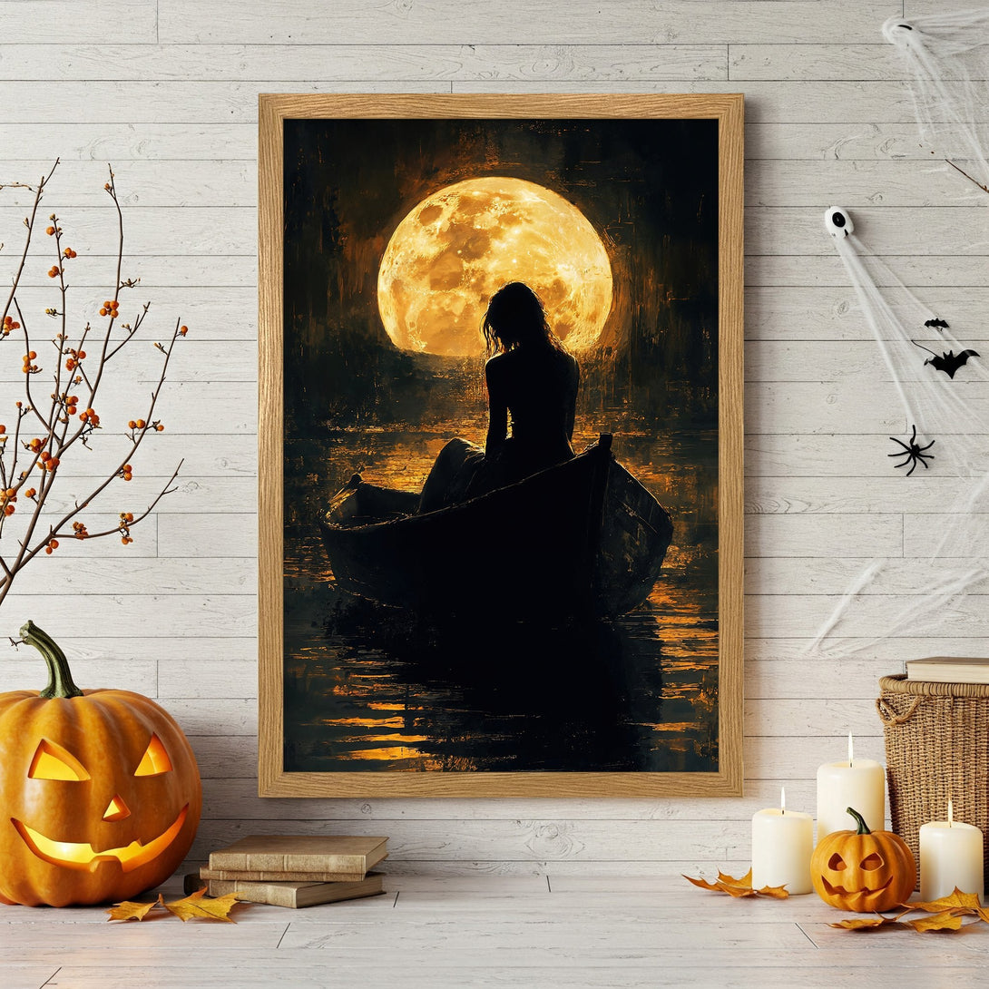 Framed Poster of woman in boat under moon, dark & moody art print, Halloween decor, gold & black color palette.