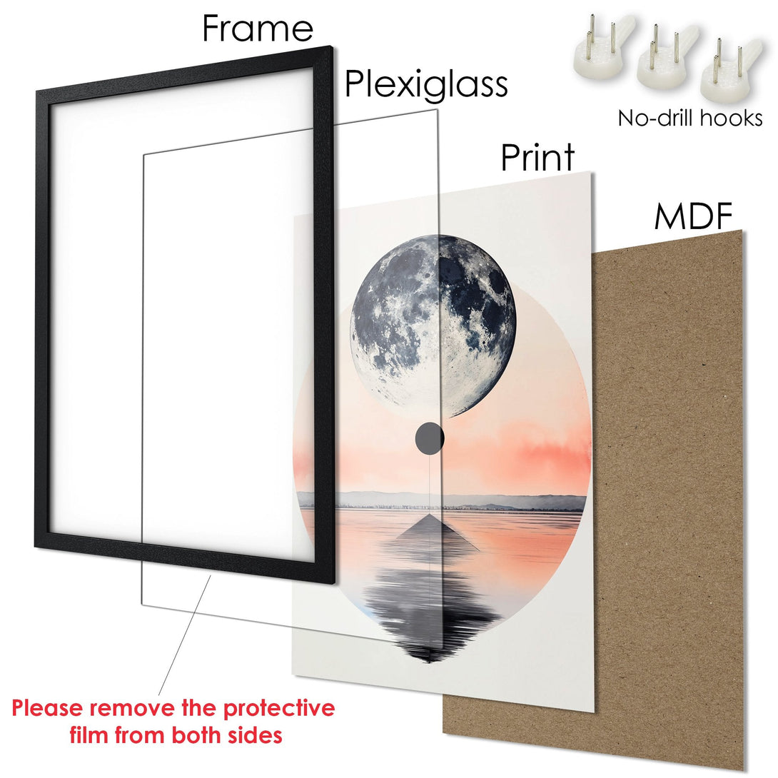 Framed Poster featuring a moon landscape in a minimalist style with a soft, warm color palette.