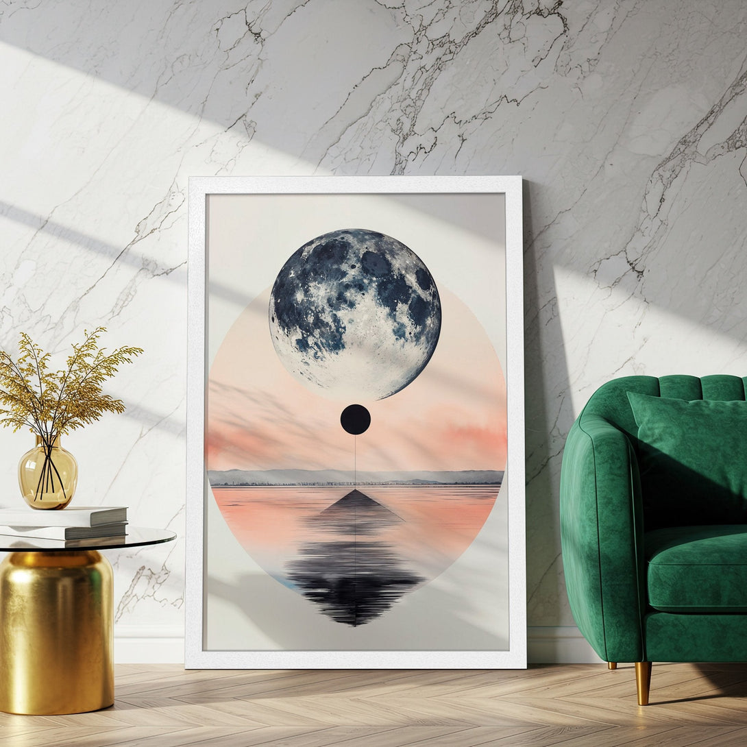 Framed Poster featuring a celestial landscape in a minimalist style. Soft pinks, blues, and white create a calming aesthetic. Perfect wall art!
