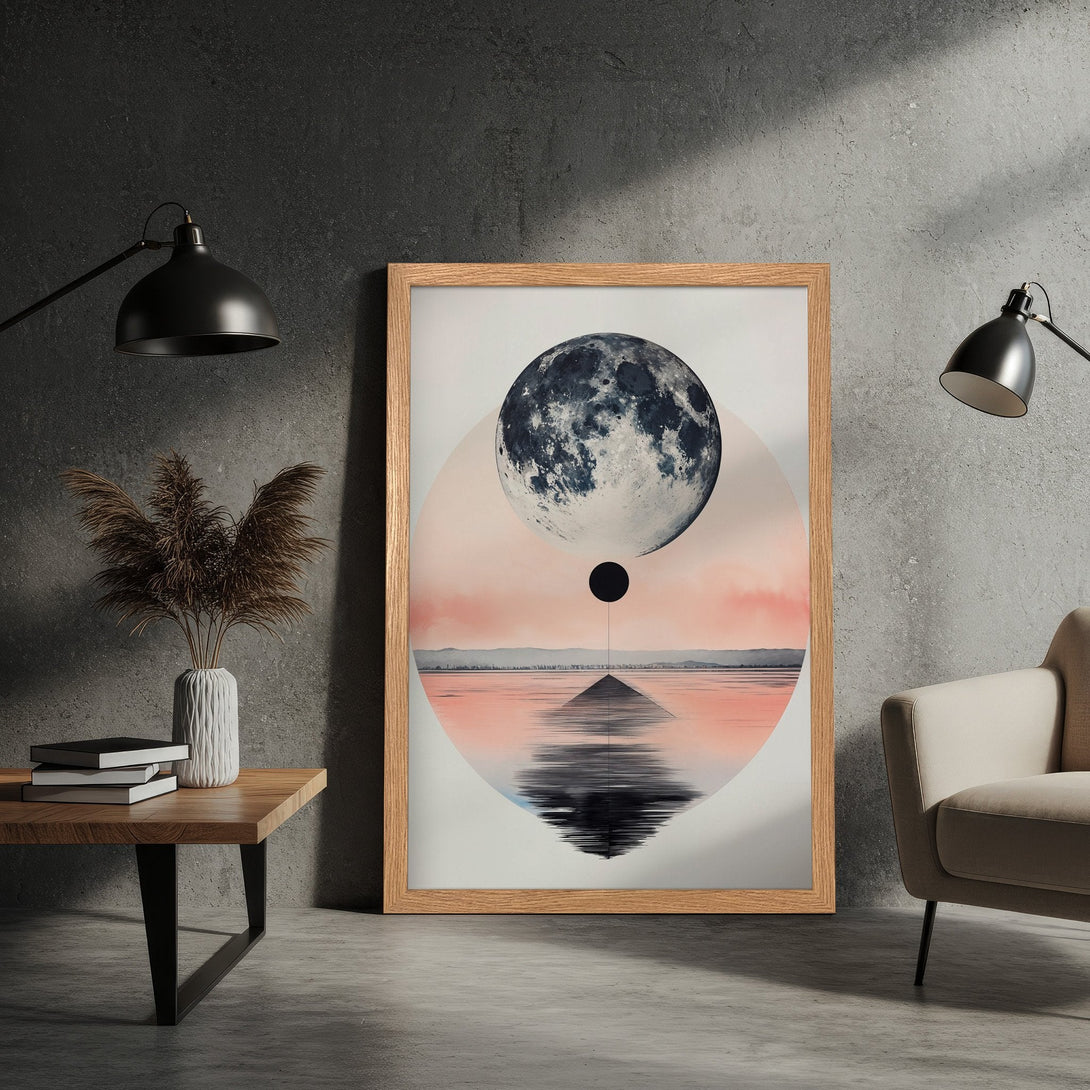 Framed Poster featuring a moon and landscape art print. Modern style with a muted pink and blue color palette. Perfect wall decor!