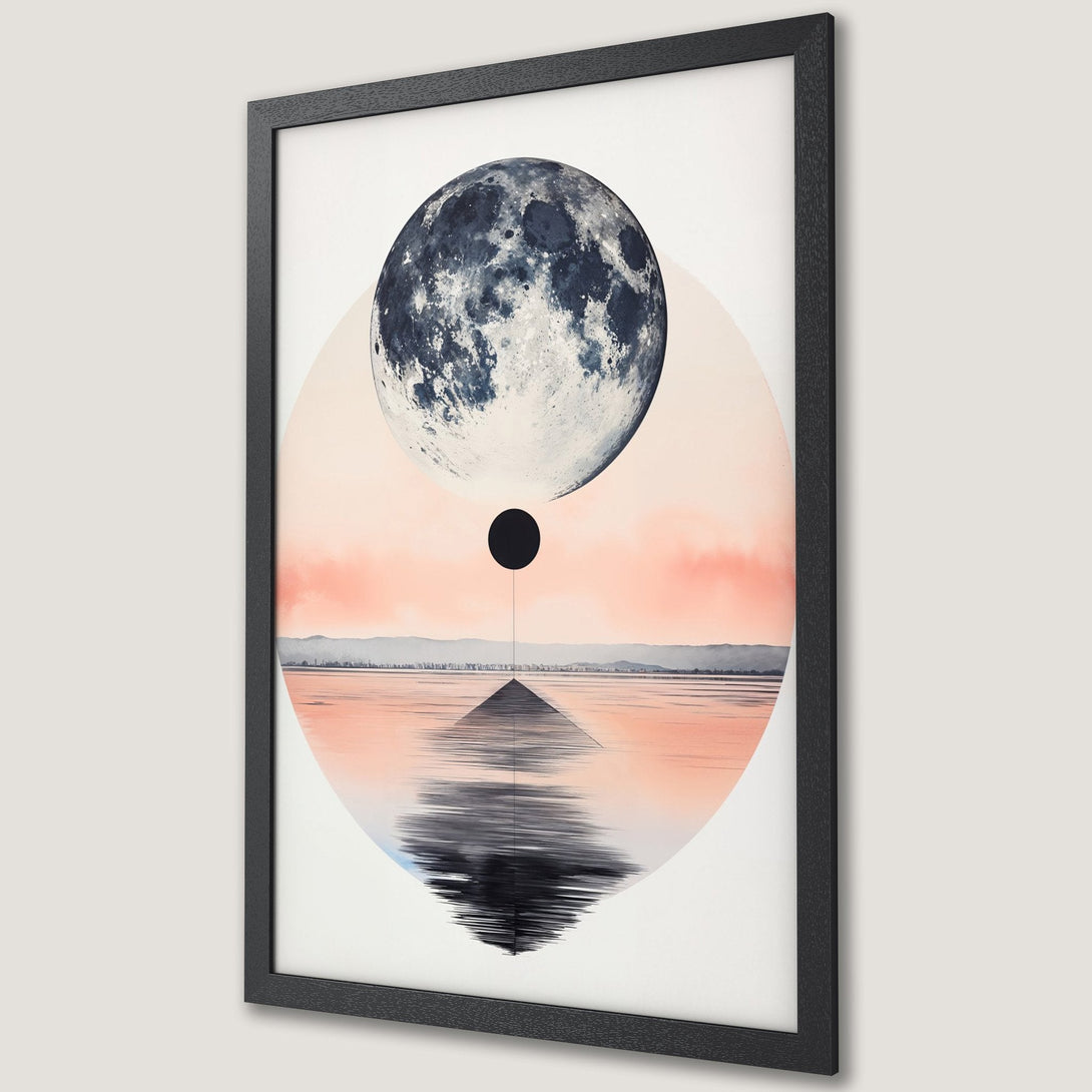Framed Poster featuring a surreal landscape with moon & water. Modern art style, soft pastel color palette. Perfect wall decor.