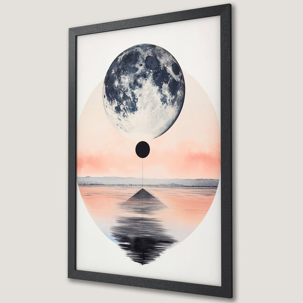 Framed Poster featuring a surreal landscape with moon & water. Modern art style, soft pastel color palette. Perfect wall decor.