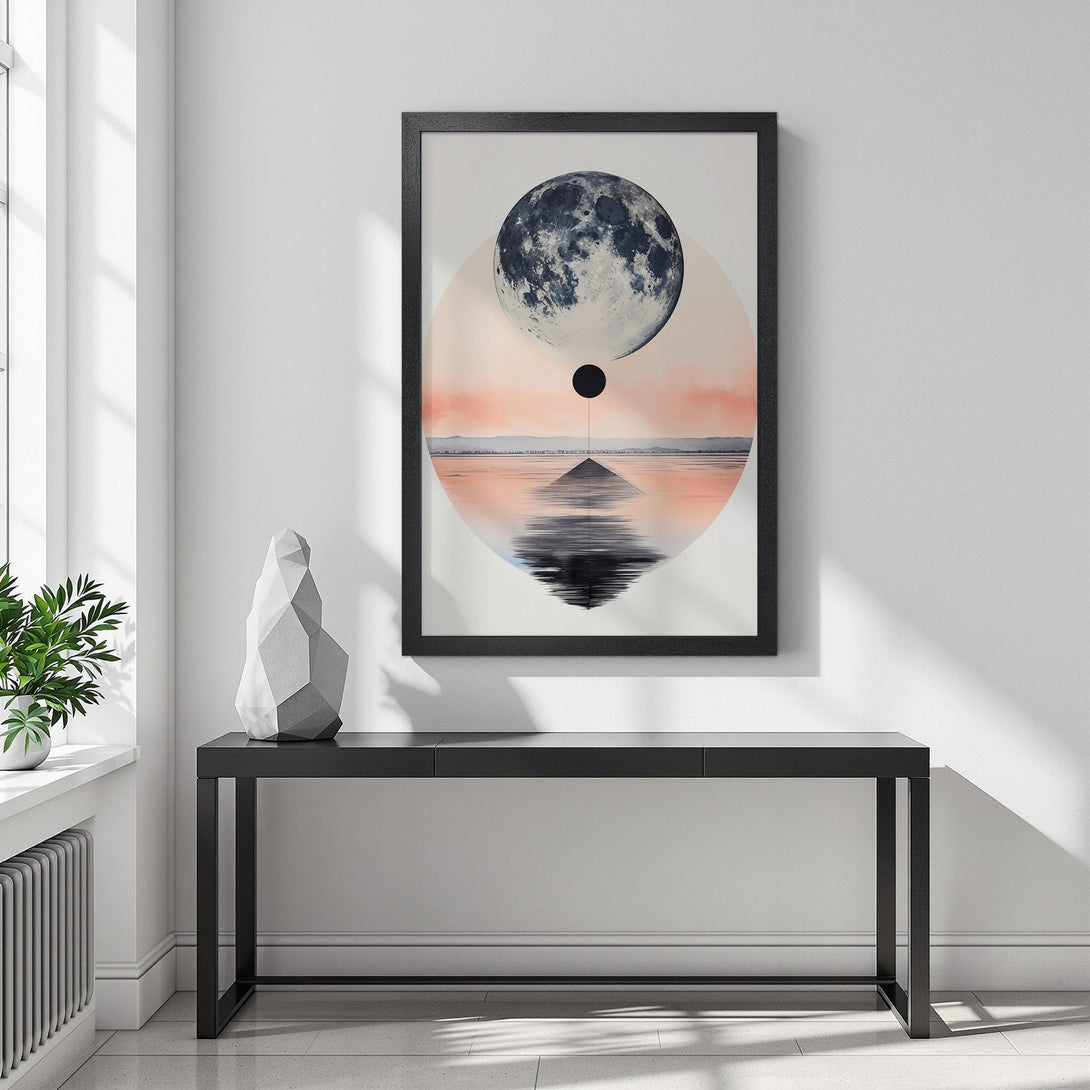 Framed Poster featuring a celestial landscape in a minimalist style with a calming color palette of blues, pinks, and whites. Enhance your space!