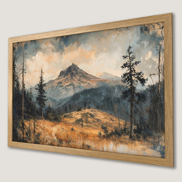 Framed Poster of a mountain landscape painting in a vintage style, with a warm, earthy color palette.