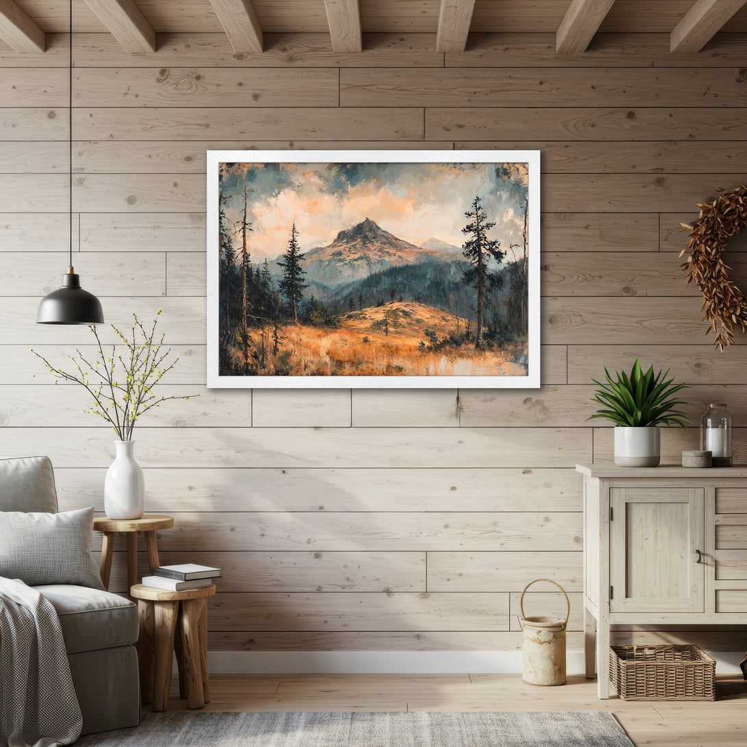 Framed Poster of a mountain landscape in a watercolor style, featuring a warm, earthy color palette. Perfect wall art!