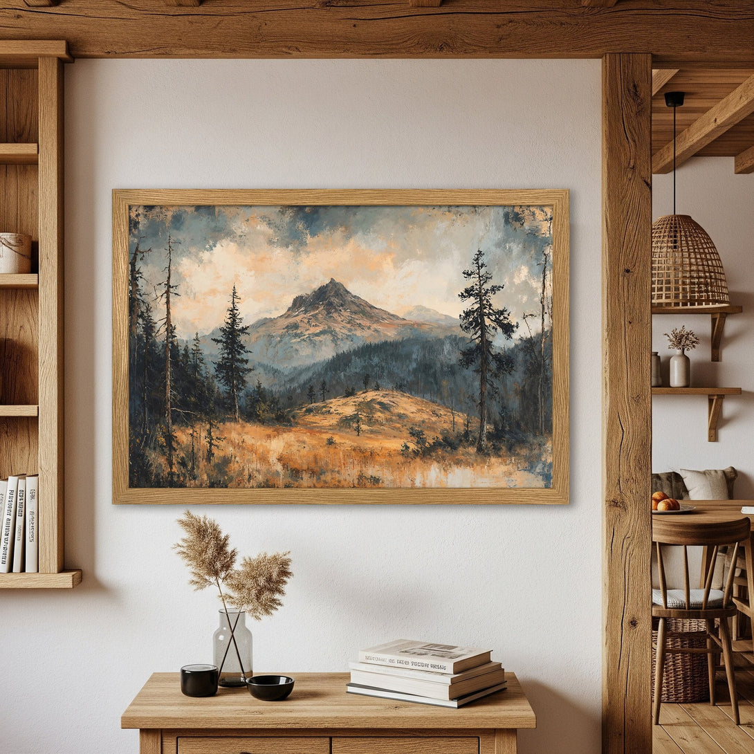 Framed Poster of a mountain landscape in a vintage style, featuring a warm, earthy color palette. Perfect wall art!
