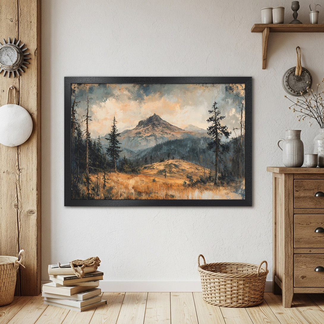 Framed Poster of a mountain landscape in a rustic style with a warm color palette. Perfect wall art for your home!