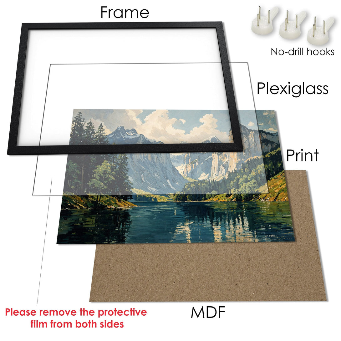 Framed Poster featuring a serene landscape painting with a cool color palette. Perfect art decor for any space!