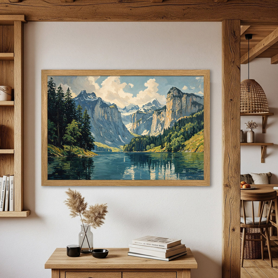 Framed Poster featuring a serene mountain lake landscape in a painterly style, with a cool blue and green color palette.