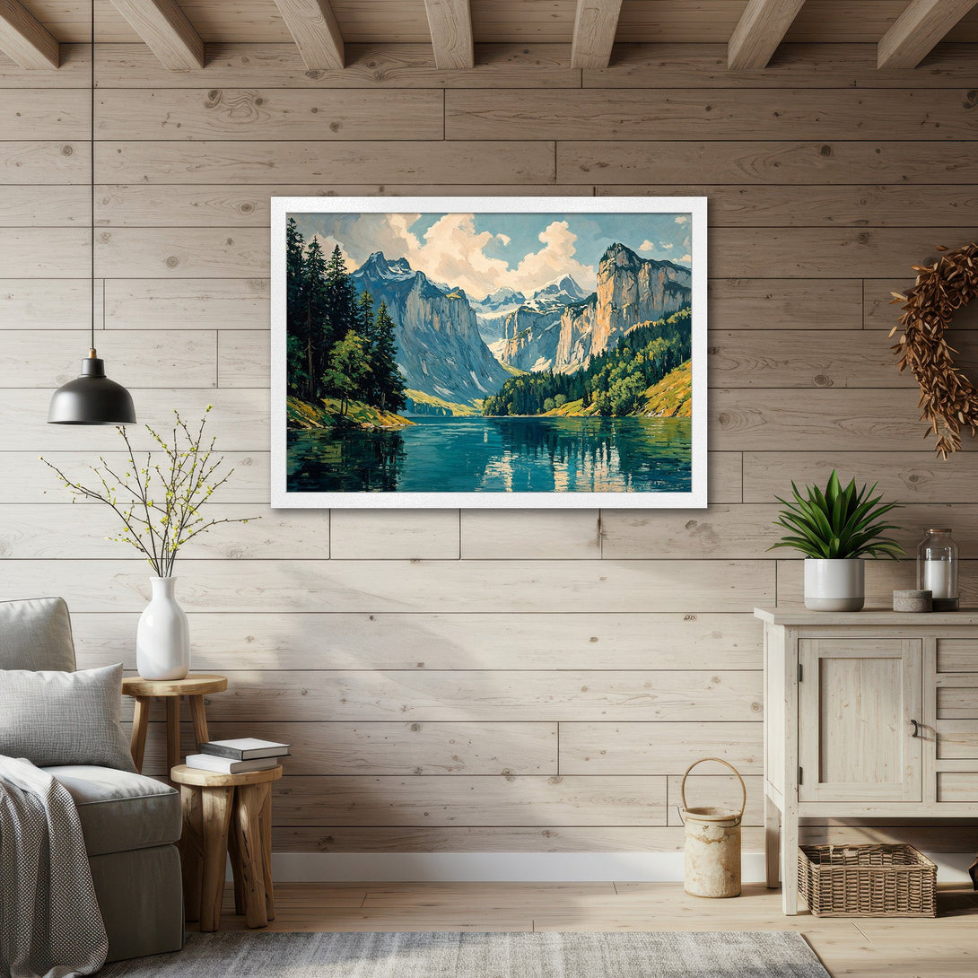 Framed Poster of a serene mountain lake landscape in a painterly style, featuring blues, greens, and whites. Perfect wall art!