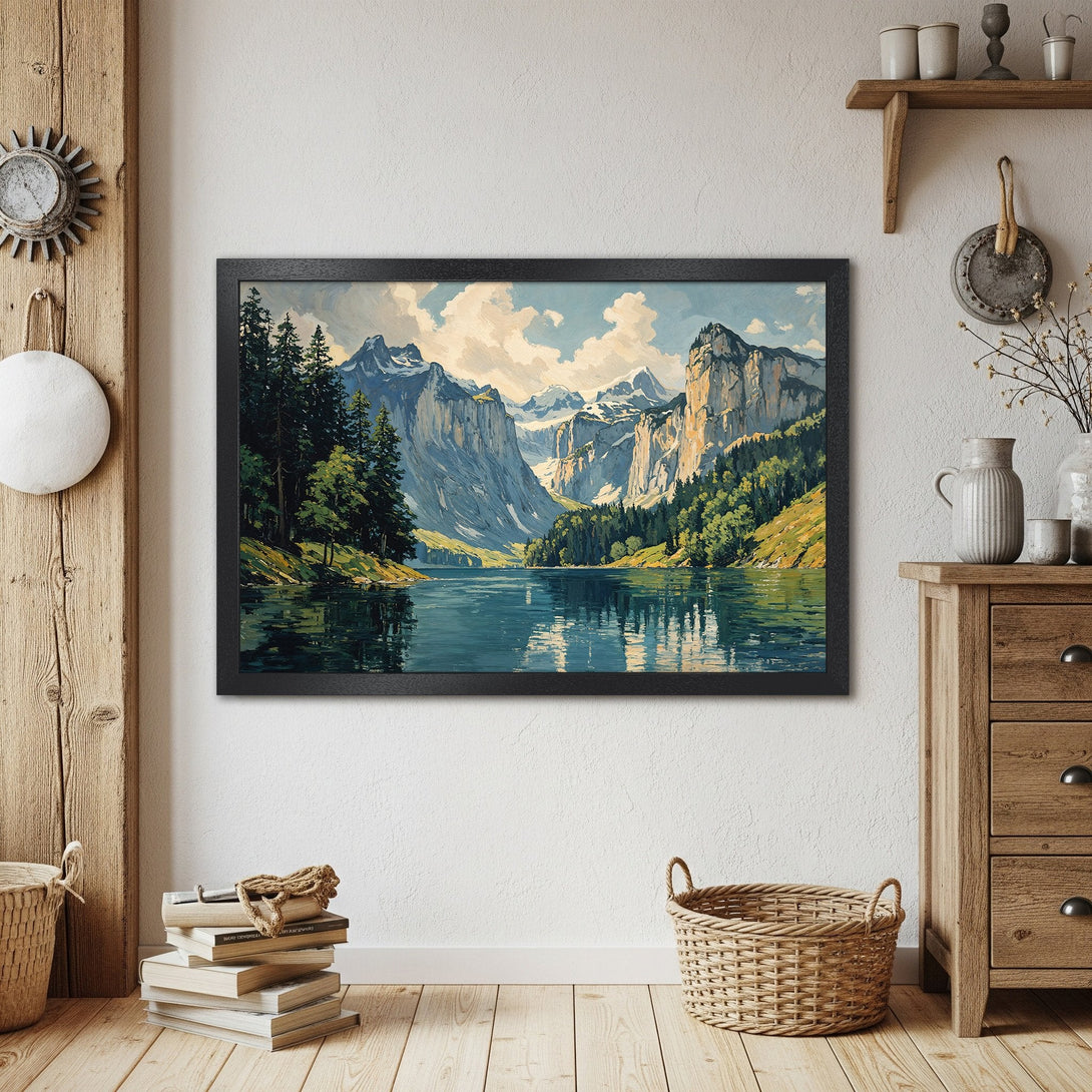 Framed Poster of a mountain lake landscape painting. Features a calming blue, green, and neutral color palette. Perfect wall art!