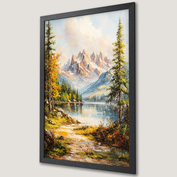 Framed Poster of a serene mountain lake landscape in a classic painting style with a warm, autumnal color palette. Perfect wall art!