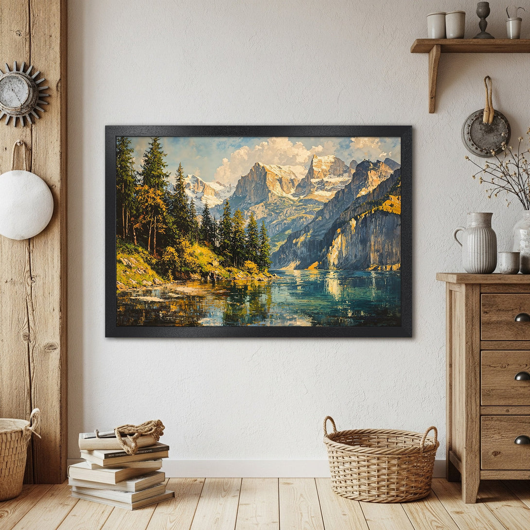 Framed Poster of a stunning mountain lake landscape. Artistic style with vibrant blues, greens, and golds. Add a touch of nature to your home!