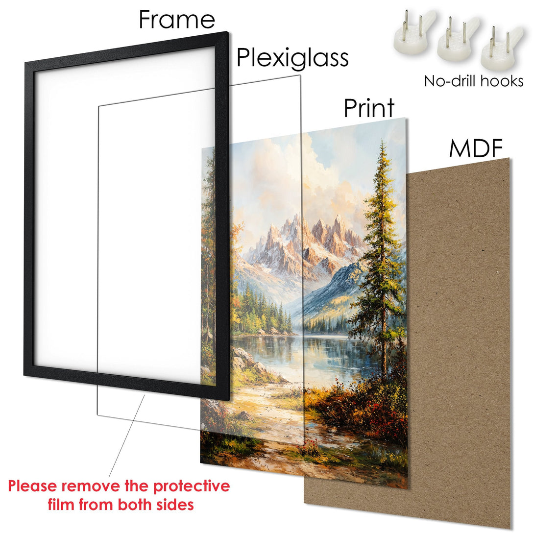 Framed Poster: Mountain landscape art print in warm tones, perfect for home decor. Ready to hang!