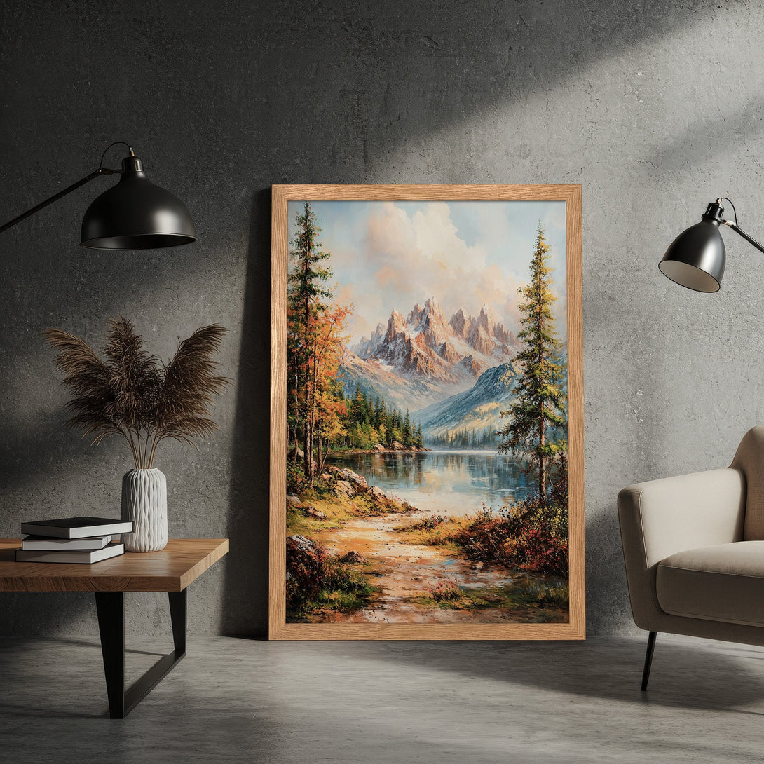 Framed Poster of a serene mountain lake landscape in warm, earthy tones. Perfect wall art for a cozy living room.