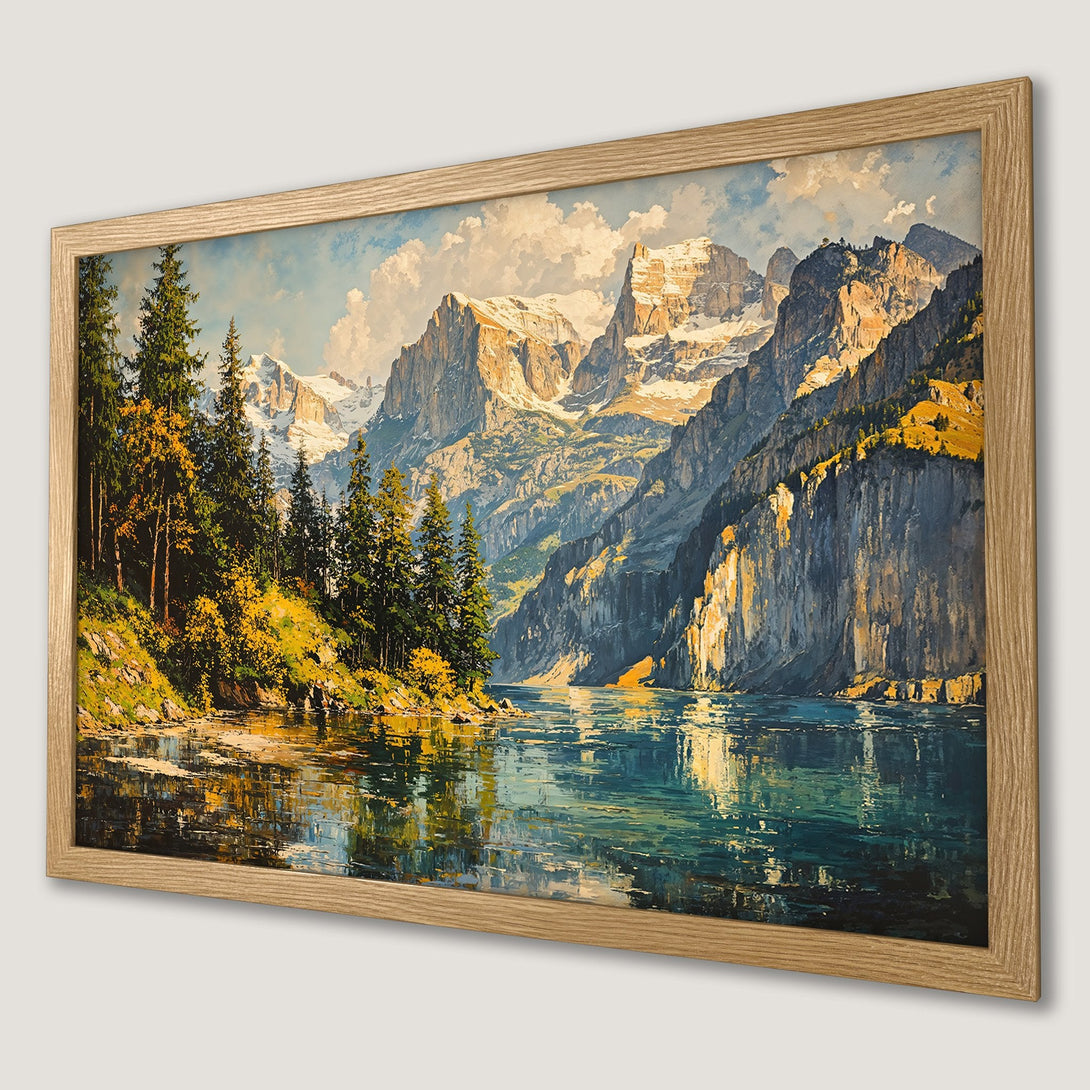 Framed Poster of a stunning mountain lake landscape painting with a warm color palette. Perfect wall art!