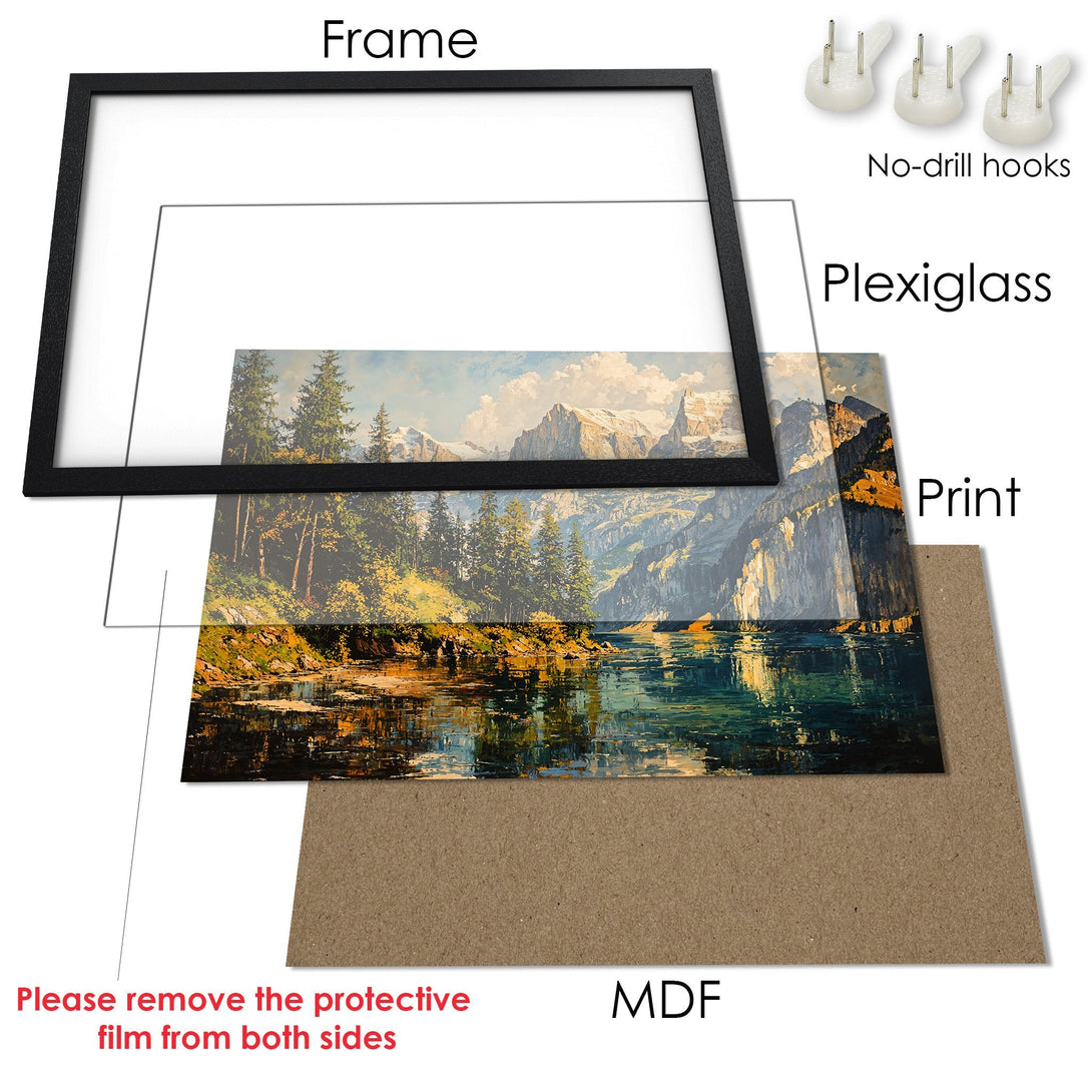 Framed Poster of a scenic landscape painting. Features a black frame, natural style, and a warm, earthy color palette. Perfect wall art!