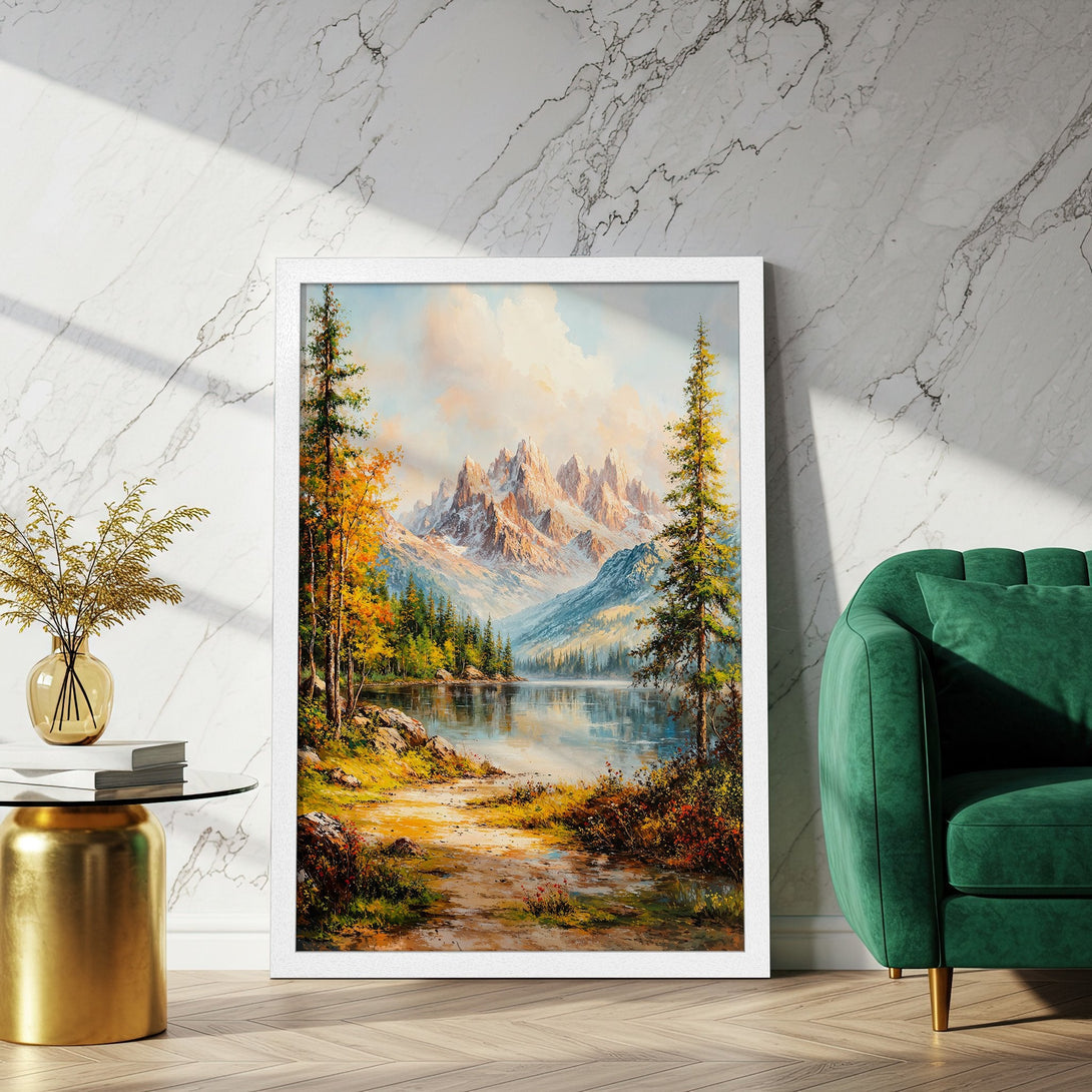 Framed Poster of a mountain lake landscape painting. Features a warm, earthy color palette and impressionistic style. Perfect wall art!