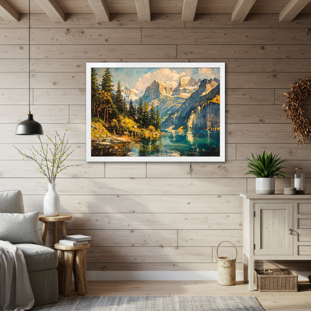 Framed Poster of a stunning mountain landscape painting. Featuring vibrant blues, greens, and yellows. Perfect wall art to elevate your home decor.