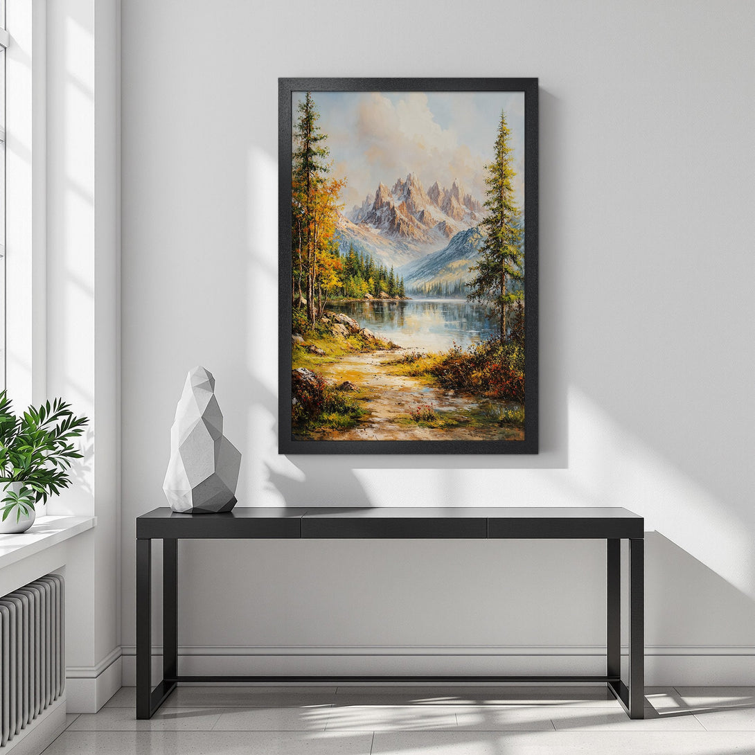Framed Poster of a mountain landscape painting in warm tones. Perfect wall art for your home decor.