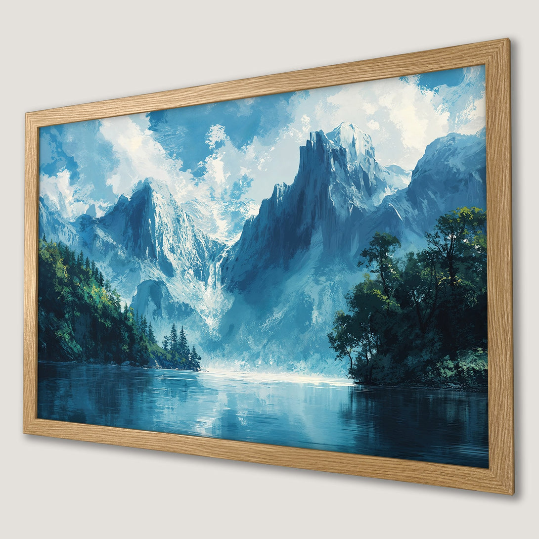 Framed Poster of a majestic mountain landscape in a cool blue palette. Perfect wall art for your home!