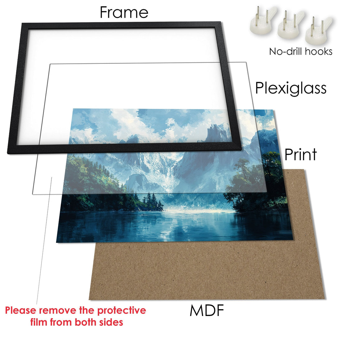 Framed Poster of a serene landscape with mountains and water, in a cool blue and green palette. Perfect wall art!