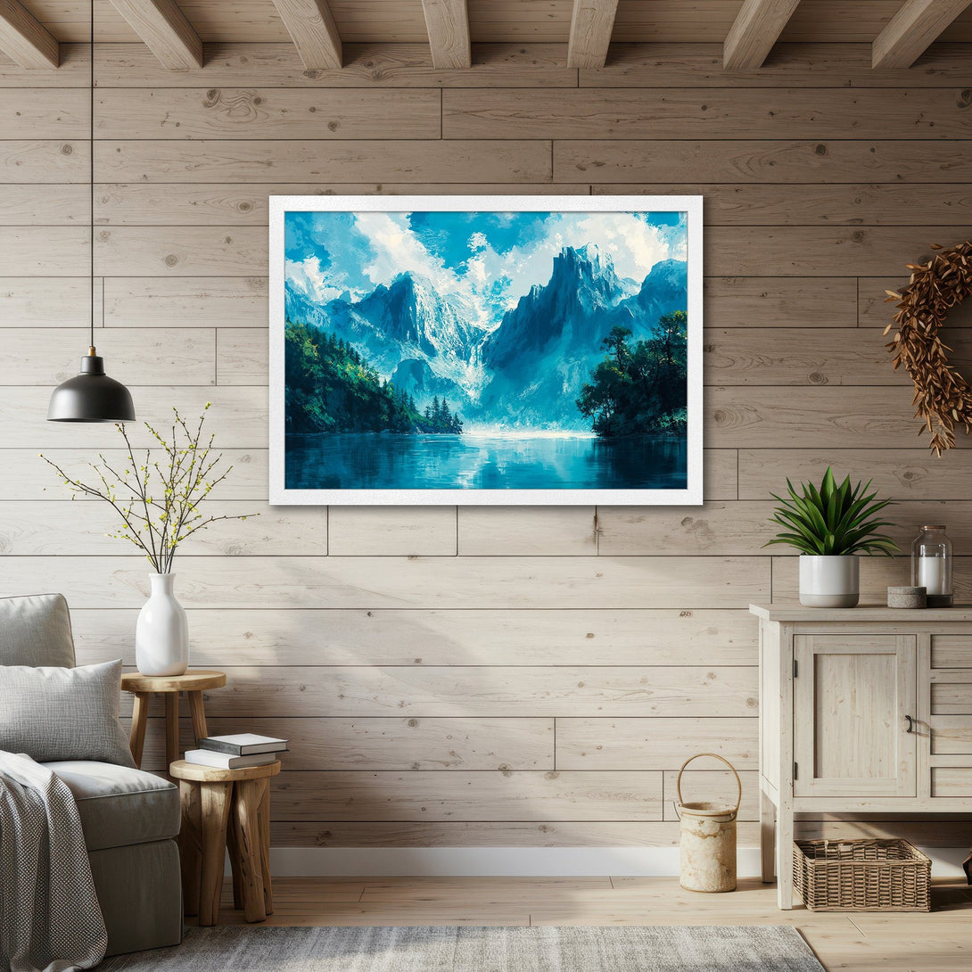 Framed Poster of a serene mountain landscape in cool blue and green tones. Perfect for adding a touch of nature to your home decor.