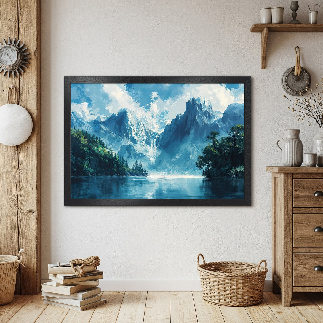 Framed Poster featuring a mountain landscape painting in a cool blue and green palette, perfect wall art.