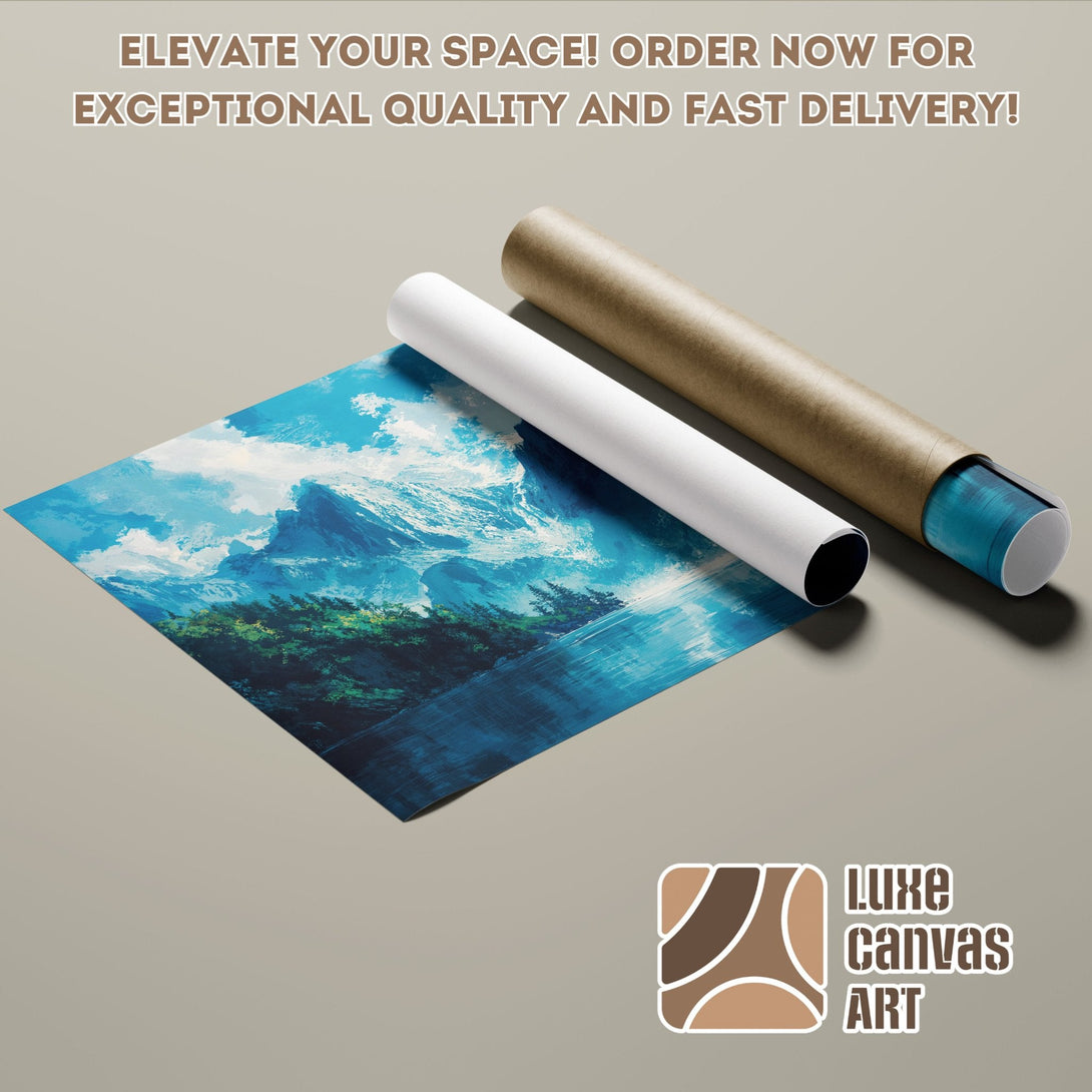 Mountain landscape Poster Roll art print in blue and green. Elevate your space!