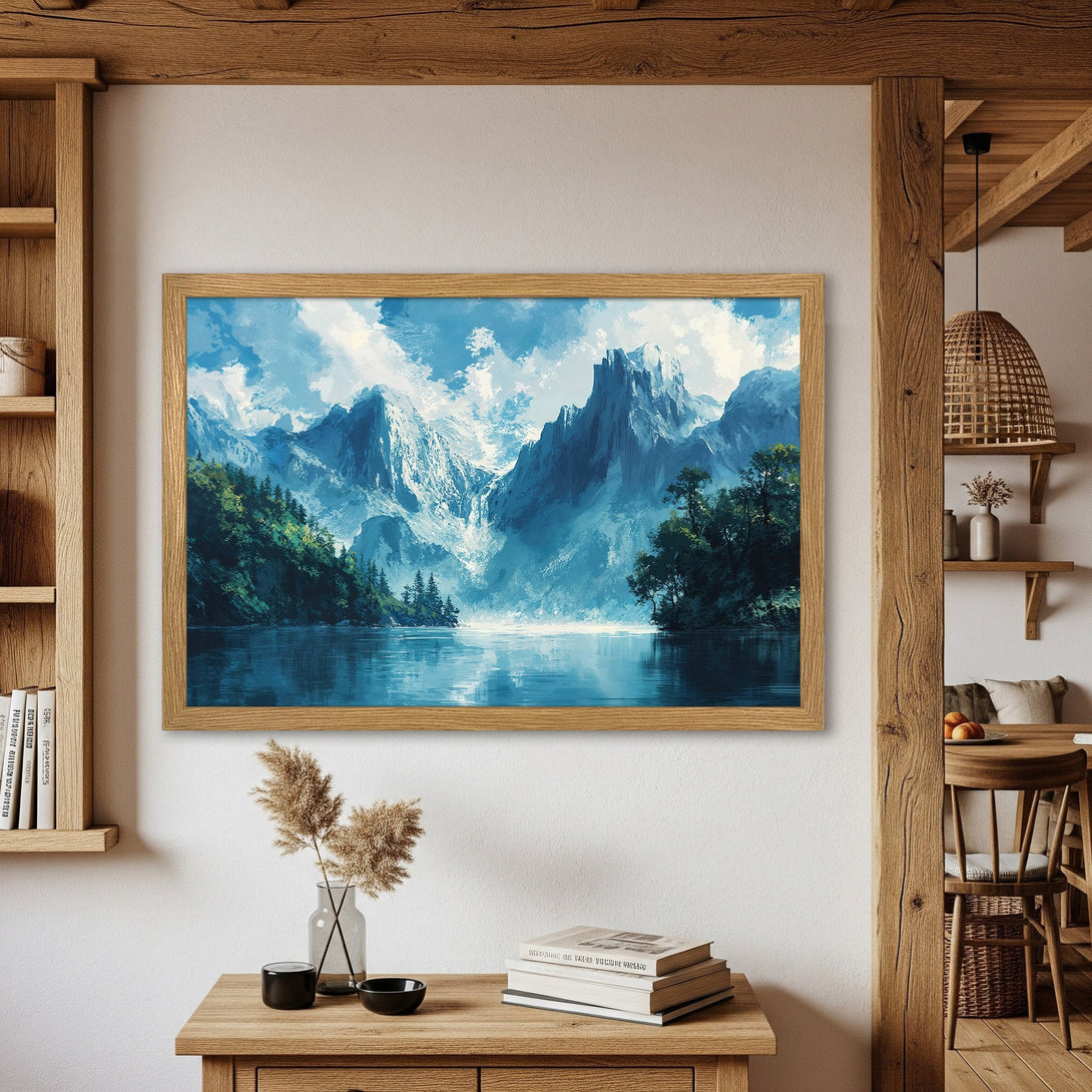 Framed Poster of a serene mountain landscape in blue and green hues. Perfect wall art for a calming atmosphere.