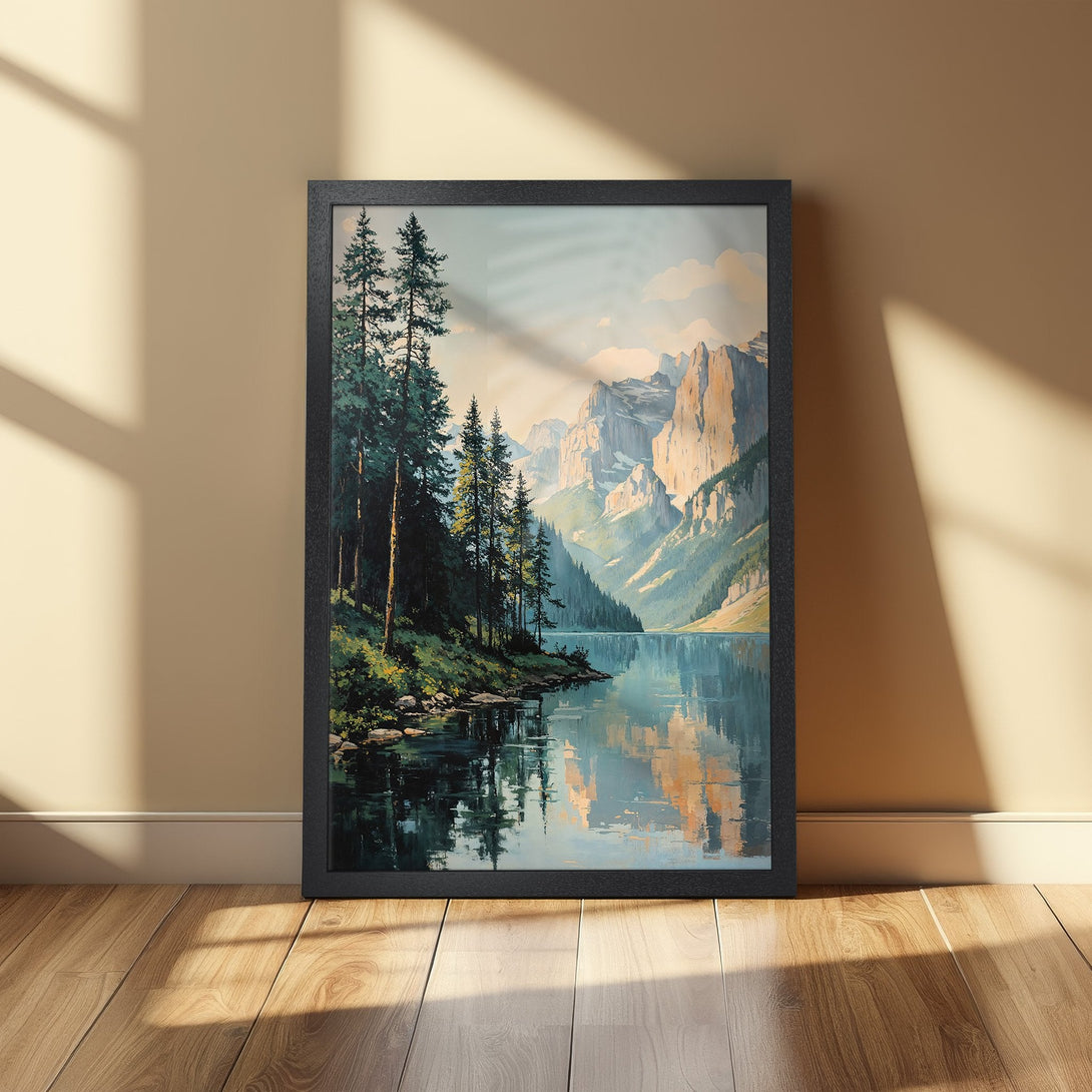 Framed Poster: Serene mountain lake art print. Landscape painting in cool blues, greens, and warm beige tones. Perfect wall decor for any room.