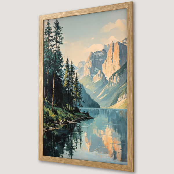 Framed Poster of a serene mountain lake scene in a vintage style with a soft, natural color palette. Perfect for home decor!