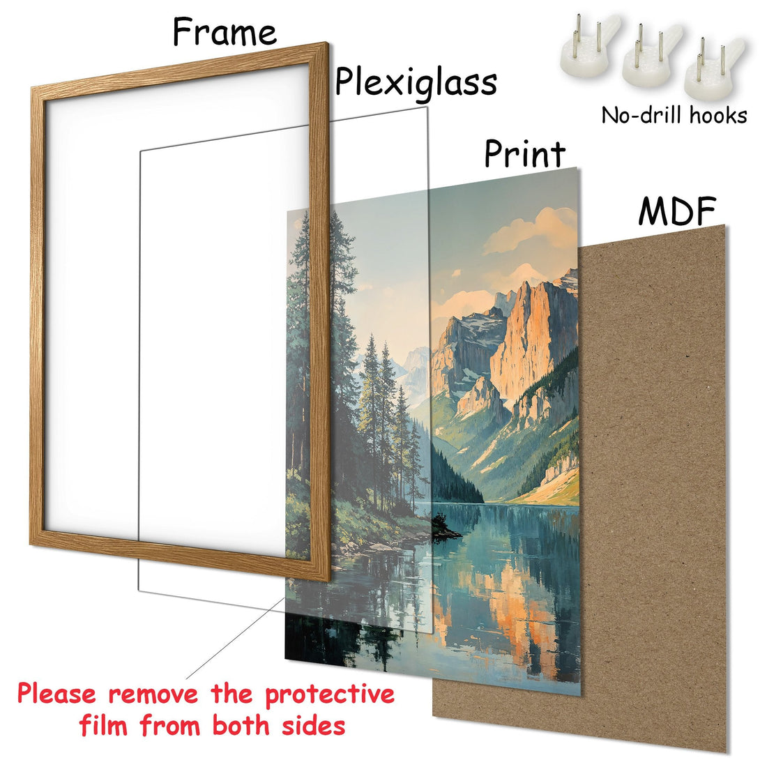 Framed Poster of a serene mountain lake scene in a warm, natural color palette. Perfect wall art for any space!