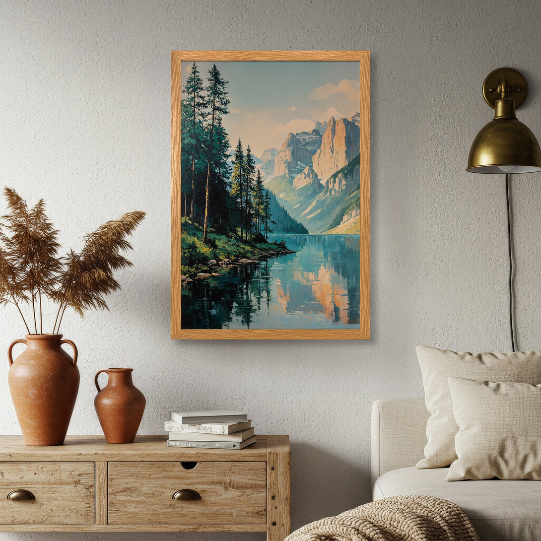 Framed Poster of a serene mountain lake scene, featuring a natural color palette and a vintage art style. Perfect wall decor!