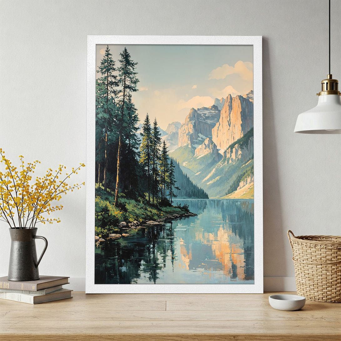 Framed Poster featuring a serene mountain lake landscape in a painterly style with a calming blue, green, and gold color palette.