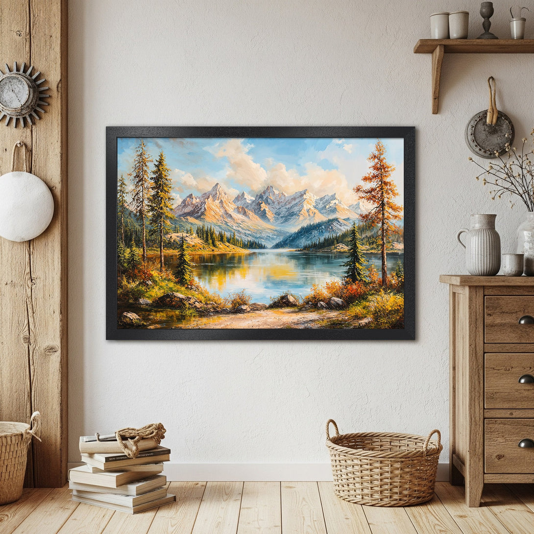 Framed Poster of a mountain lake landscape, impressionist style, with a warm, natural color palette.