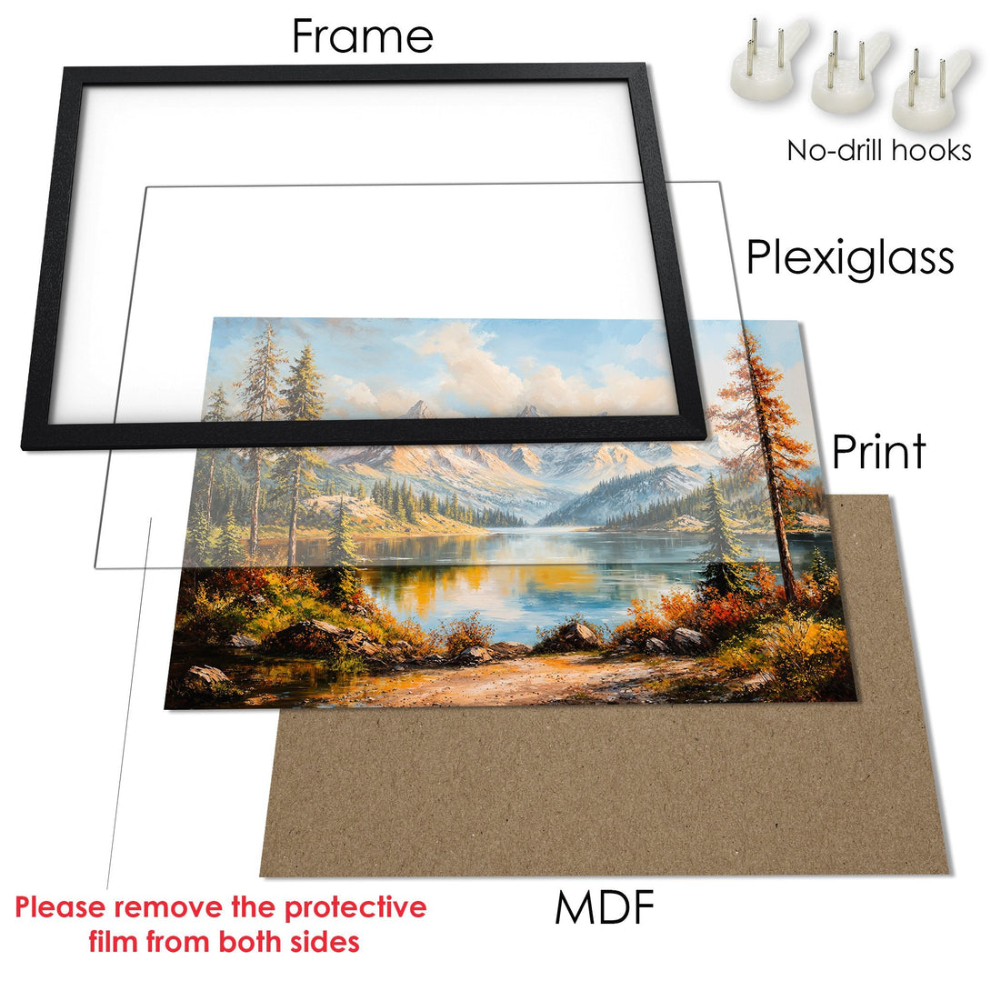 Framed Poster of a serene lake landscape in warm, autumnal colors. Perfect wall art for your home!