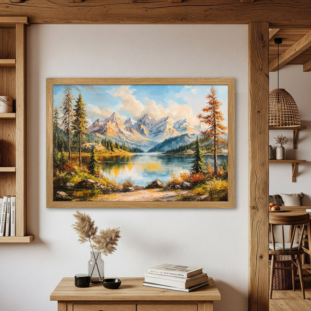 Framed Poster featuring a serene mountain lake landscape in a warm, inviting color palette. Perfect wall art for your home!