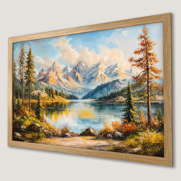 Framed Poster of a serene mountain lake scene, painted in a classic style with a warm, autumnal color palette.