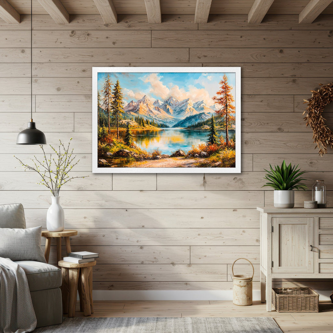 Framed Poster featuring a mountain lake landscape, impressionistic style with blue, green, and warm earth tones. Perfect wall art!