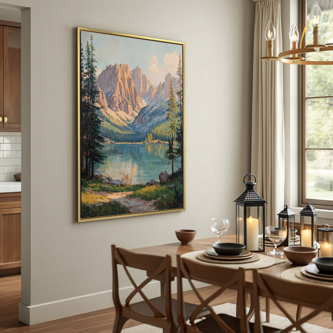 Canvas Print of a serene mountain lake landscape painting in neutral tones, perfect for rustic home decor.