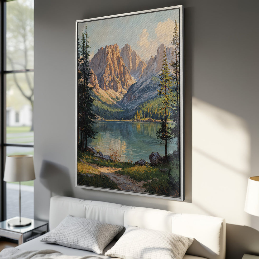 Framed Wall Art: Landscape Canvas Print, featuring a serene mountain lake scene in a vintage painting style. Earthy tones and cool blues create a calming aesthetic.
