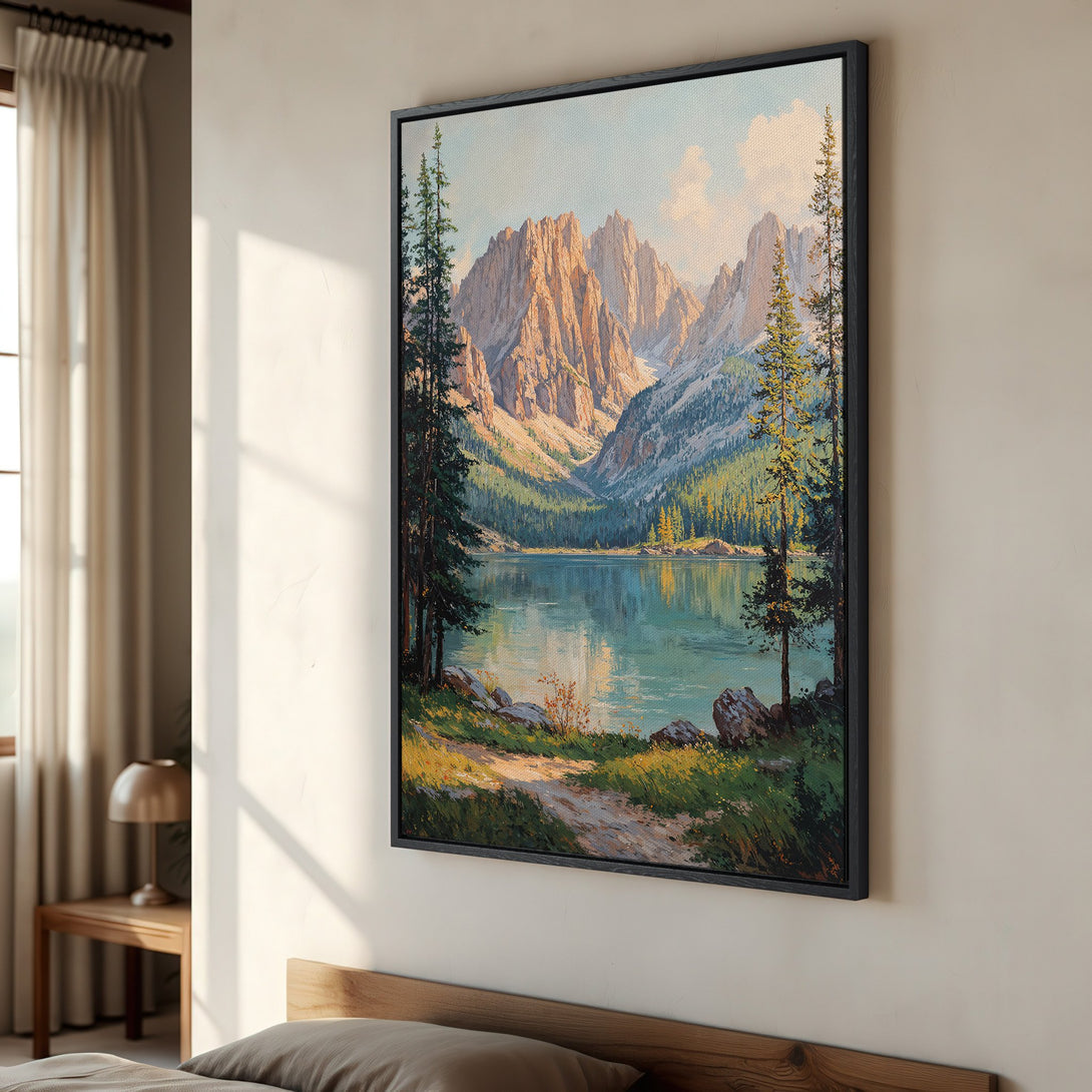 Framed Wall Art: Mountain lake landscape canvas print in warm earth tones. Add a touch of nature's beauty to your home with this stunning artwork.
