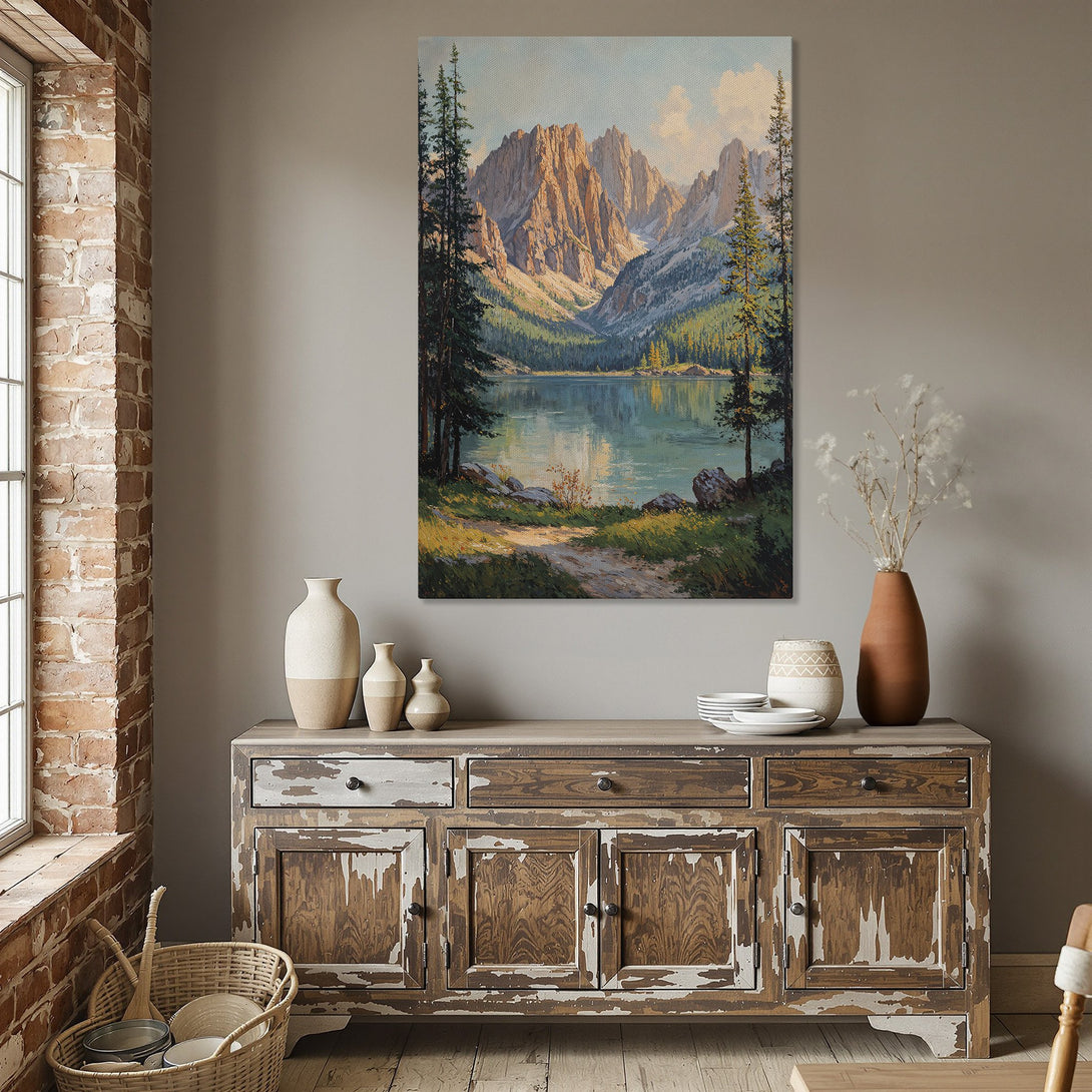 Framed Wall Art: Mountain landscape Canvas Print with warm, earthy tones. Perfect for adding a touch of nature and serene beauty to your dining room decor.