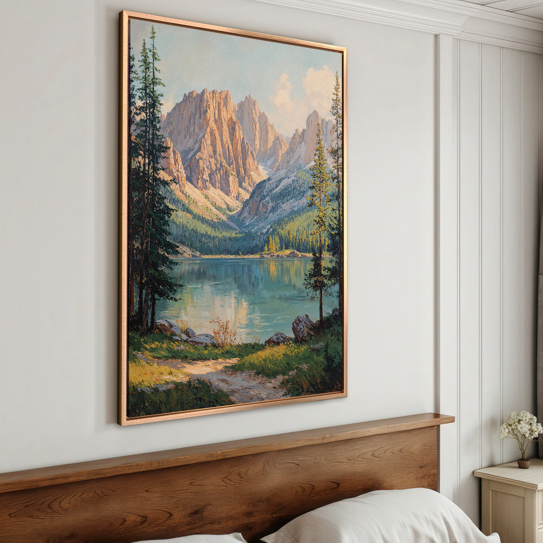 Framed Wall Art: Mountain lake landscape painting in warm tones. Bring nature's beauty indoors with this stunning canvas print. Perfect for any room!