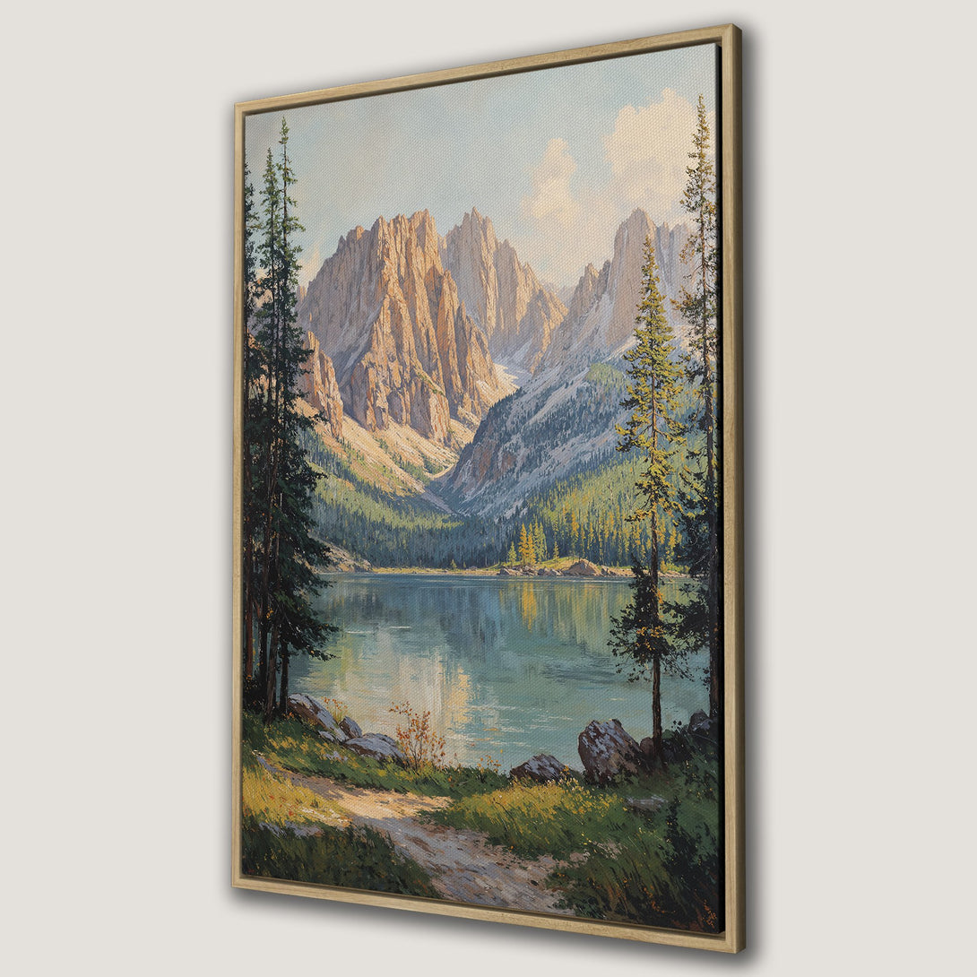 Framed Wall Art: Mountain lake landscape canvas print, featuring a serene view with a muted green and blue color palette. Add a touch of nature to your home!